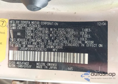 2007 Toyota Highlander V6 z USA, uszkodzony, nr VIN JTEHP21A970208210